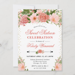 Aquarell Rosa Rosen Blumen Sweet 16 Einladung