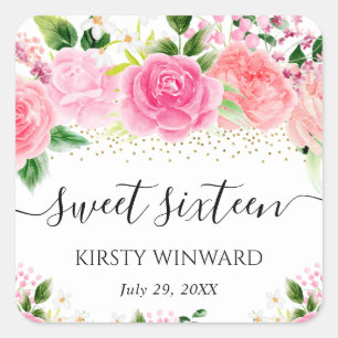 Aquarell-Rosa-Rosen-Blumen-Sweet Sixteen Quadratischer Aufkleber