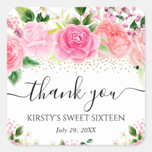 Aquarell Rosa Rosen Blumen Sweet Sixteen Quadratischer Aufkleber