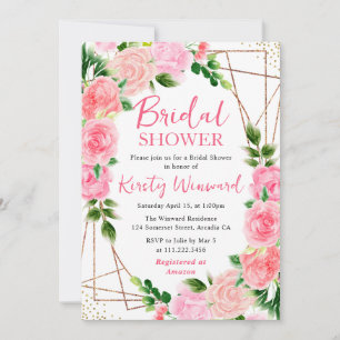 Aquarell Rosa Rosen Goldrahmen Brautparty Einladung