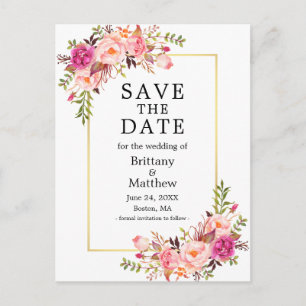 Aquarell-Rosa-Rosen-Goldrahmen Save The Date Postkarte