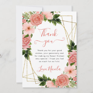 Aquarell Rosa Rosen Goldrahmen Sweet 16 Dankeskarte