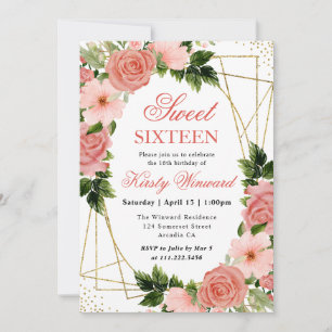 Aquarell-Rosa-Rosen Goldrahmen Sweet 16 Einladung
