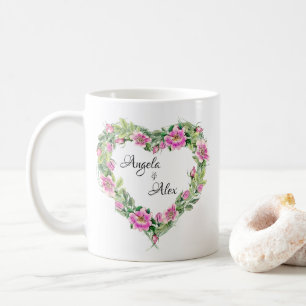Aquarell-Rosa-Rosen-Herz-Rand-Braut und Bräutigam Kaffeetasse