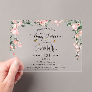 Aquarell-Rosa-Rosen mit Schmetterlingen Baby Showe Acryleinladungen