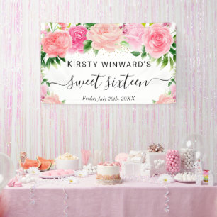 Aquarell-Rosa-Rosen Sweet Sixteen Willkommen Banner