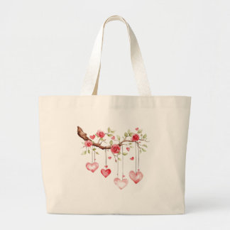 Aquarell-Rosa-Rosen-Zweig mit hängenden Herzen Jumbo Stoffbeutel