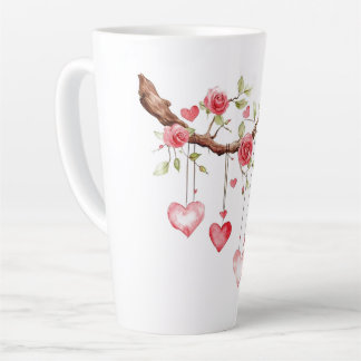 Aquarell-Rosa-Rosen-Zweig mit hängenden Herzen Milchtasse
