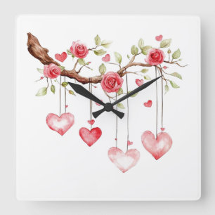Aquarell-Rosa-Rosen-Zweig mit hängenden Herzen Quadratische Wanduhr