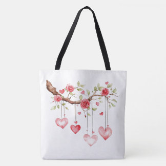 Aquarell-Rosa-Rosen-Zweig mit hängenden Herzen Tasche