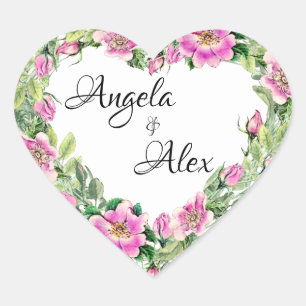 Aquarell-Rosa-Rosenrand-Braut und Bräutigam Herz-Aufkleber