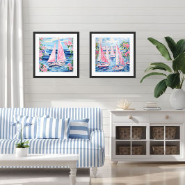 Aquarell Rosa Sailboat Küste Blauer Platz Poster