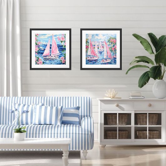 Aquarell Rosa Sailboat Küste Blauer Platz Poster