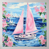 Aquarell Rosa Sailboat Küste Blauer Platz Poster (Vorne)