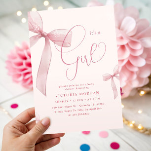Aquarell Rosa Schleife Es ist ein Mädchen Baby-Par Einladung