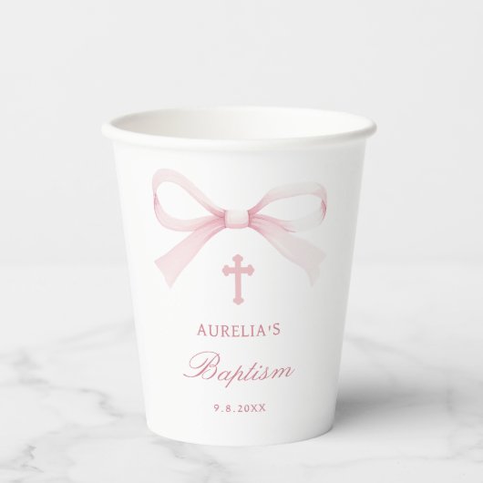 Aquarell Rosa Schleife Taufe Pappbecher (Vorderseite)