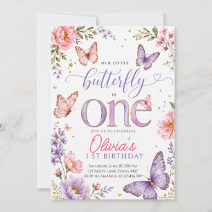 Aquarell Rosa Schmetterling 1. Geburtstag Einladung