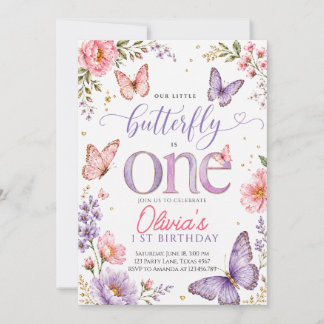 Aquarell Rosa Schmetterling 1. Geburtstag Einladung