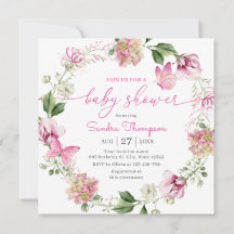 Aquarell-Rosa-Schmetterling-Blumen-Baby-Party