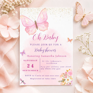 Aquarell-Rosa-Schmetterling-Blumen-Baby-Party Einladung