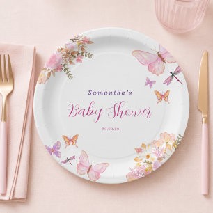 Aquarell-Rosa-Schmetterling-Blumen-Baby-Party  Pappteller