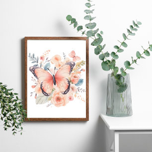 Aquarell-Rosa-Schmetterling-Blumen-Wandkunst  Poster