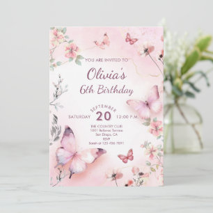 Aquarell Rosa Schmetterlinge Blumenmädchen Geburts Einladung