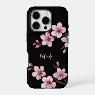 Aquarell Rosa Schwarze Kirschblüten-Monogramm iPhone 16 Pro Hülle