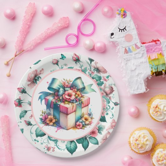 Aquarell Rosa Shabby Chic Blumengeburt Pappteller (Party)