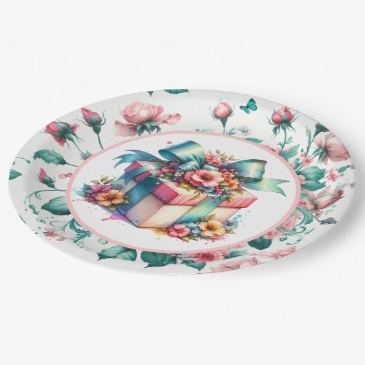 Aquarell Rosa Shabby Chic Blumengeburt Pappteller (Schrägansicht)