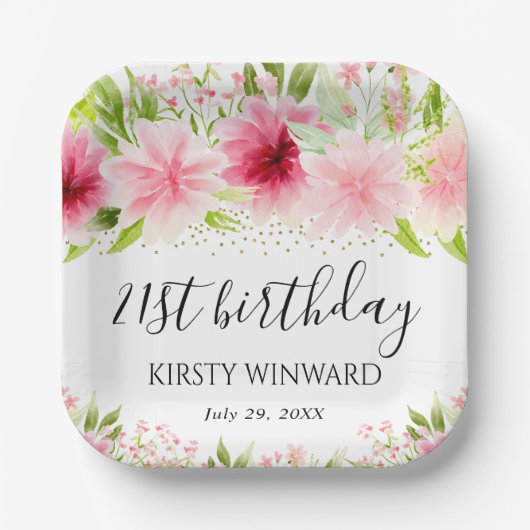 Aquarell Rosa Sommer Blume Geburtstag Pappteller (Vorderseite)