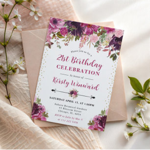 Aquarell-Rosa-Sommerblumen 21. Geburtstag Einladung