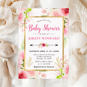 Aquarell-Rosa-Sommerblumen-Baby-Party Einladung
