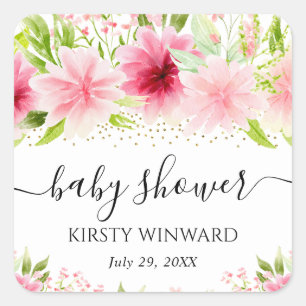 Aquarell-Rosa-Sommerblumen-Baby-Party Quadratischer Aufkleber