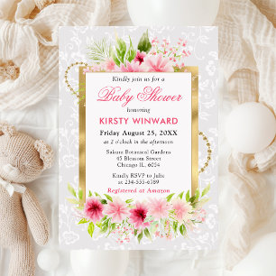 Aquarell Rosa Sommerblumen Gold Babyparty Einladung