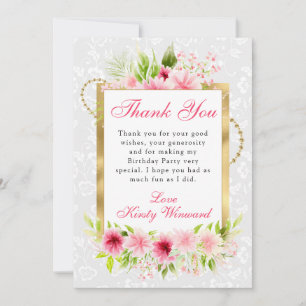 Aquarell Rosa Sommerblumen Gold Geburtstag Dankeskarte