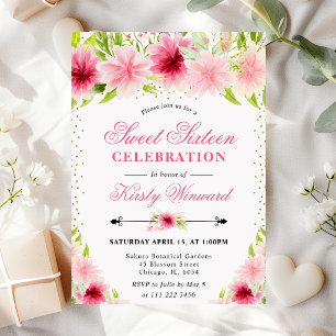 Aquarell Rosa Sommerblumen Sweet 16 Einladung