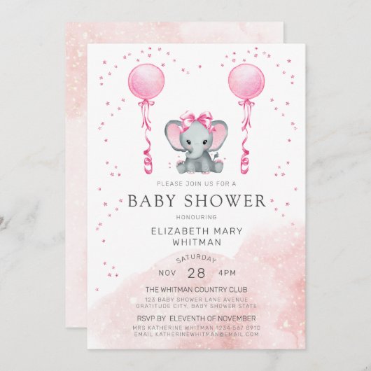 Aquarell rosa Stardust Elefant-Babyparty Einladung (Vorne/Hinten)