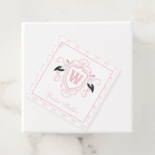 Aquarell-Rosa-Storch-Bogen-Monogrammwappen Geschenkanhänger (Beispiel)