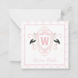 Aquarell Rosa Storch Bogen Monogrammwappen Mitteilungskarte