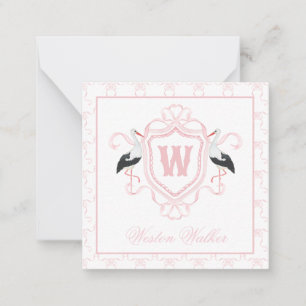 Aquarell Rosa Storch Bogen Monogrammwappen Mitteilungskarte