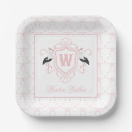 Aquarell Rosa Storch Bogen Monogrammwappen Pappteller