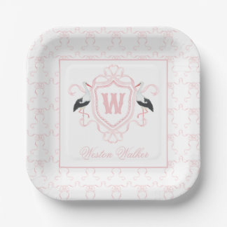 Aquarell Rosa Storch Bogen Monogrammwappen Pappteller