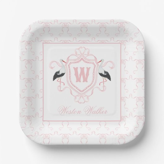 Aquarell Rosa Storch Bogen Monogrammwappen Pappteller (Vorderseite)
