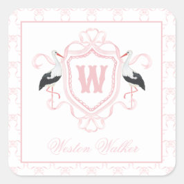 Aquarell Rosa Storch Bogen Monogrammwappen Quadratischer Aufkleber