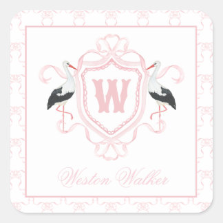 Aquarell Rosa Storch Bogen Monogrammwappen Quadratischer Aufkleber