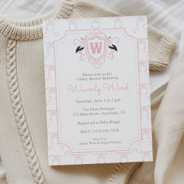 Aquarell-Rosa-Storch-Monogrammwappen-Baby-Party Einladung