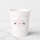 Aquarell Rosa Storch Wappen-Monogramm Pappbecher (Vorderseite)