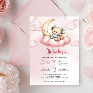 Aquarell rosa Teddybär schlafend über dem Mond Einladung