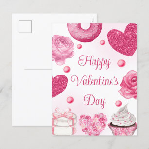 Aquarell-Rosa-Torten und -Leckereien zum Valentins Feiertagspostkarte